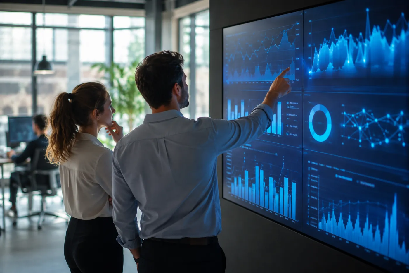 Deux consultants CALL IA analysent sur un écran mural les courbes de performance d'une campagne de génération de leads